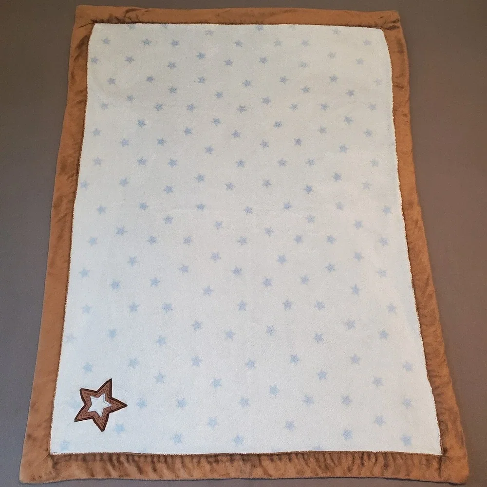 Carter's Just‎ One You Blue Star Fleece Baby Blanket Brown Star Applique, Trim